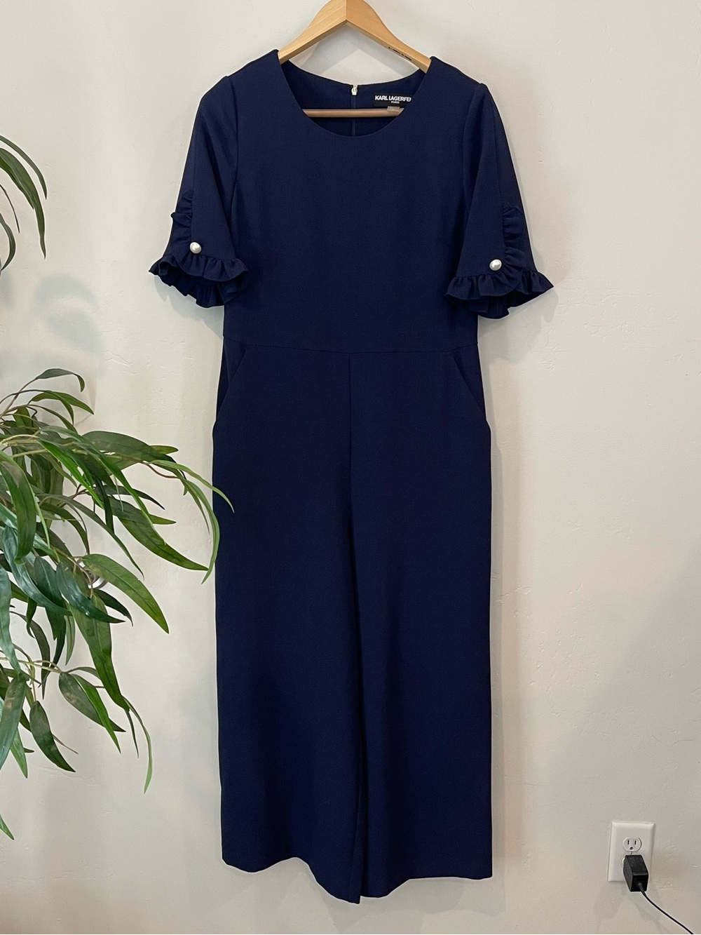 Karl Lagerfeld Dark Navy Ruffle-Sleeve Wide-Leg Jumpsuit Size 10